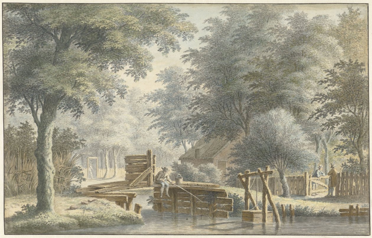 Landschaft mit einer Brücke, auf der ein Angler steht von Gerard van Rossum