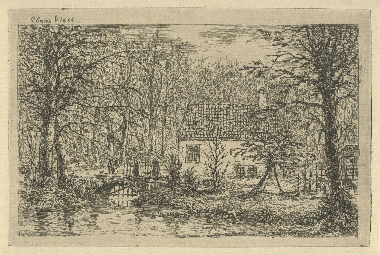 Haus mit Brücke über Graben von Gerardus Emaus de Micault