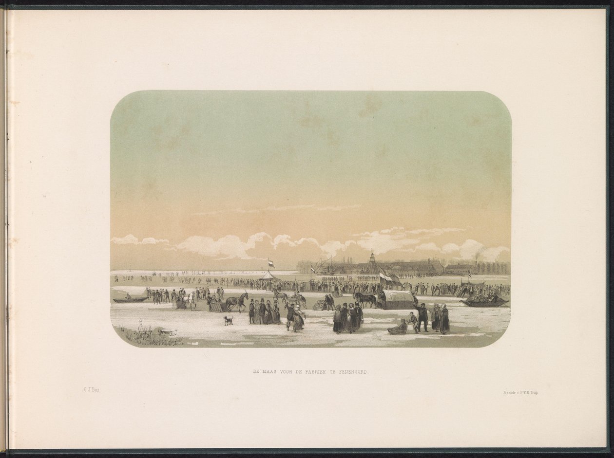 Eisvergnügen auf der Maas in Rotterdam, in der Ferne die Fabrik in Feijenoord, 1855 von Gerardus Johannes Bos