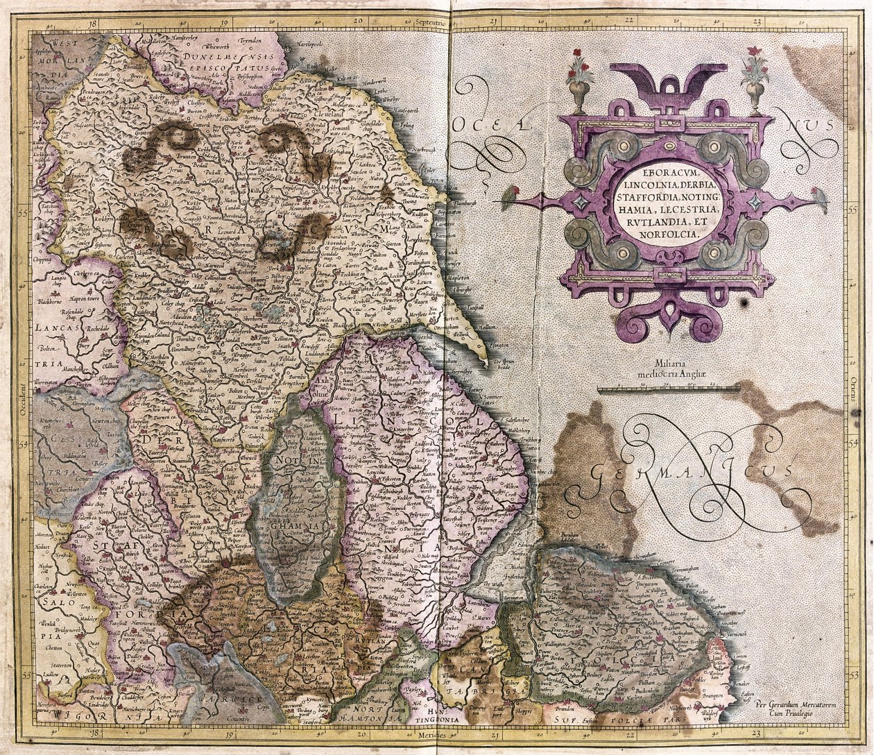 Yorkshire, Lincolnshire, Staffordshire, Nottinghamshire, Leicestershire, Rutland und Norfolk, Großbritannien von Gerardus Mercator