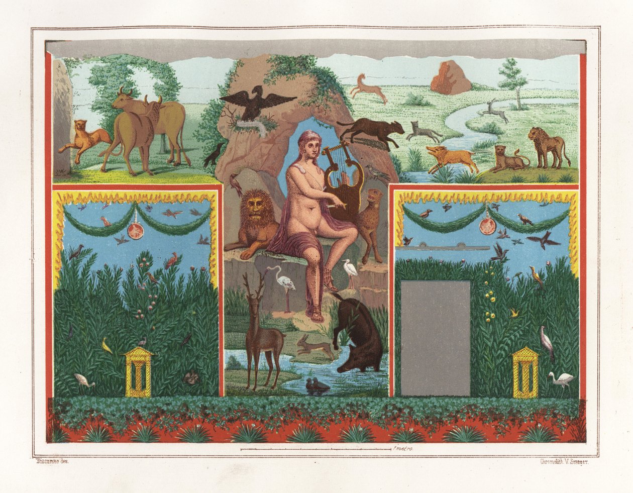 Wandgemälde von Orpheus mit Lyra aus dem Viridarium (Garten) des Hauses des Vesonius Primus, eines Walkers. Er ist umgeben von Tieren, darunter ein Löwe, Puma, Wildschwein, Hirsch, Kaninchen und blauer Flamingo. Chromolithographie von Victor Steeger nach e von Geremia Discanno