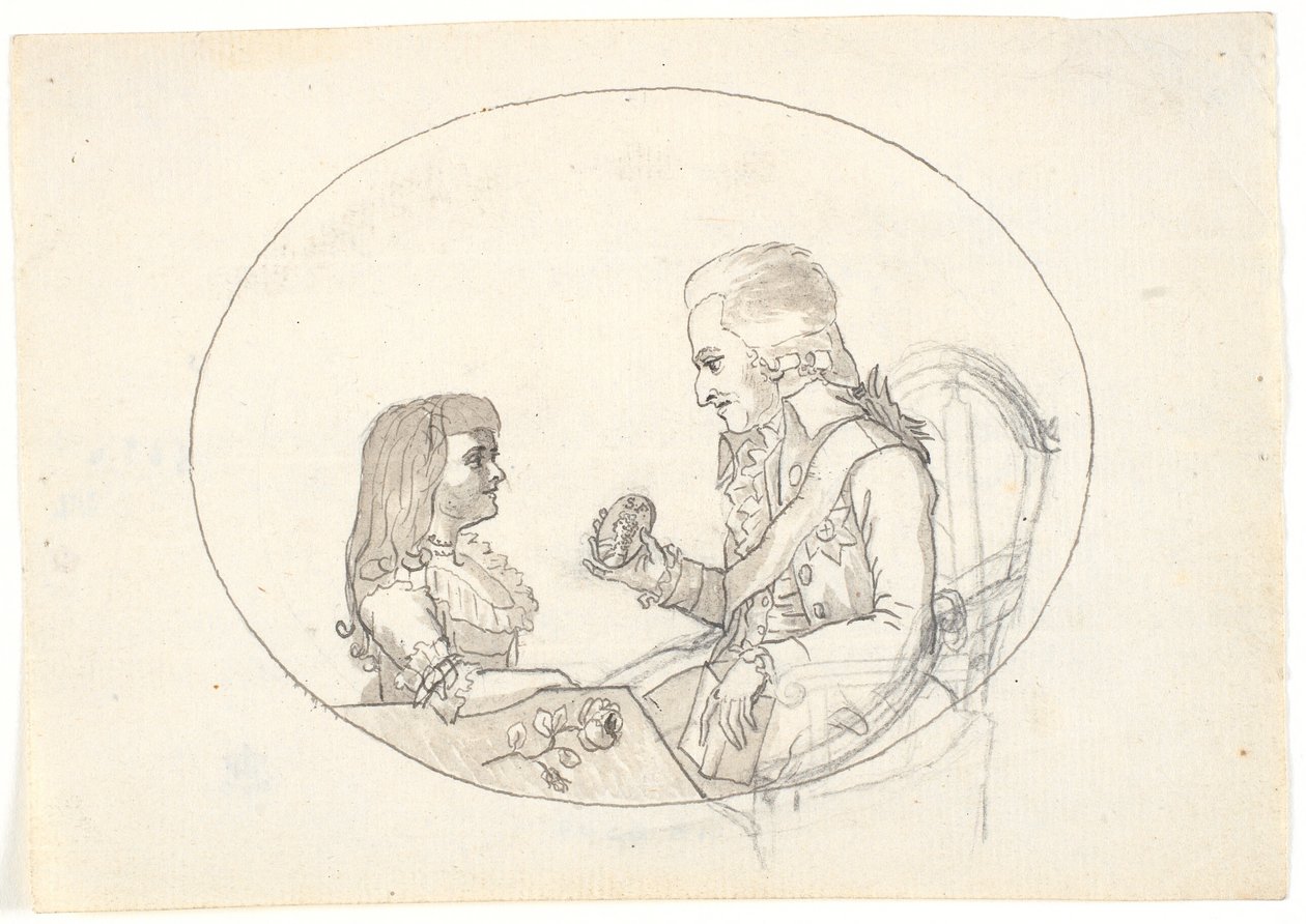 Erbprinz Frederik mit dem Erbprinzen (Chr. VIII) zeigt ein Porträt der verstorbenen Erbprinzessin Sofie Frederikke von Gerhard Ludvig Lahde