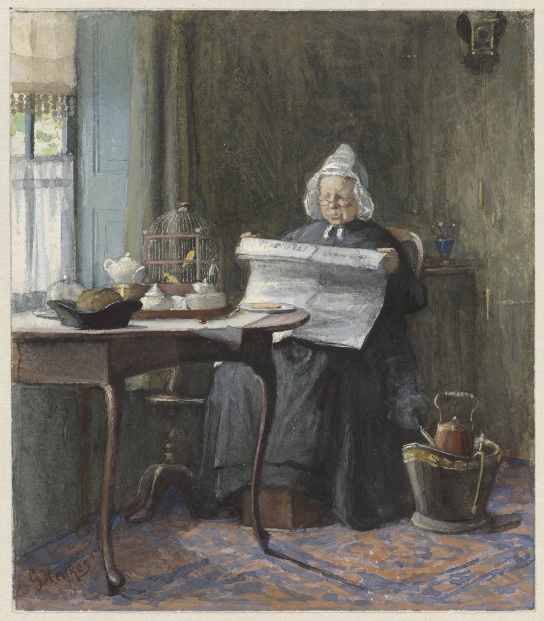 Interieur mit einer Frau, die die Zeitung liest von Gerke Henkes