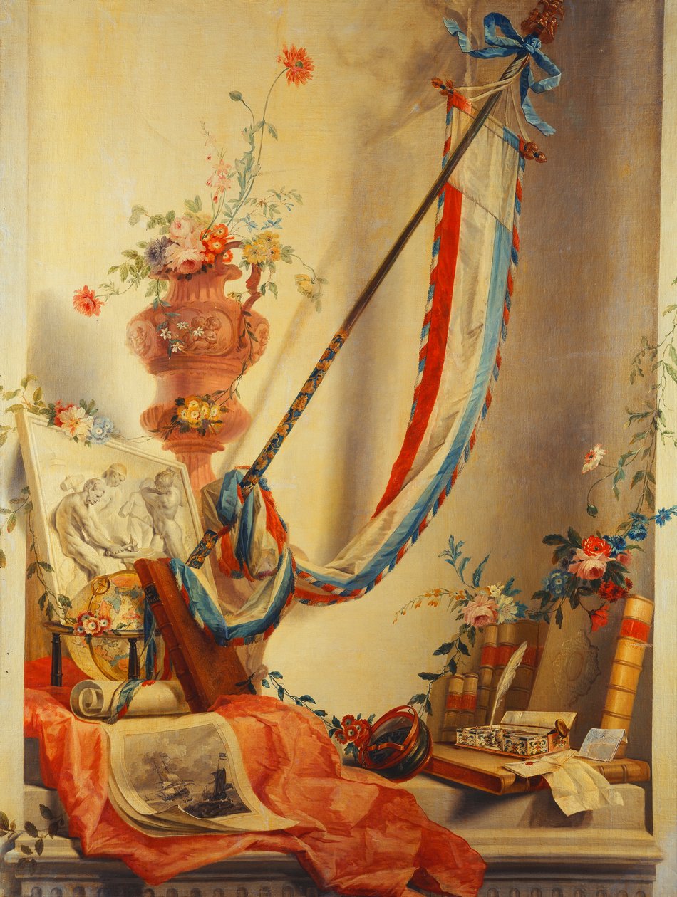 Ein Banner, Blumen in einer Urne, ein Relief, ein Globus, ein Druck ...