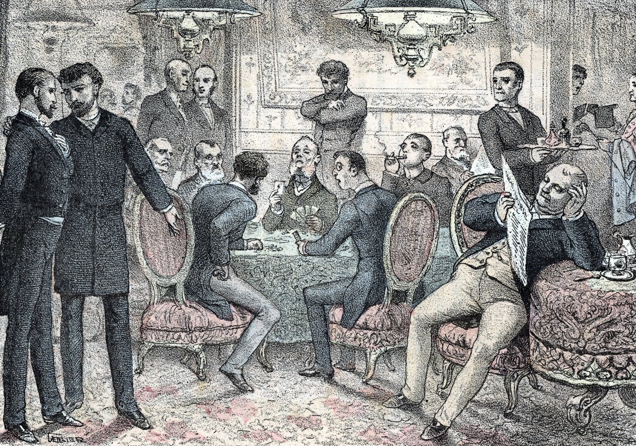 Gesellschaft und soziales Leben: Männerclub für Spiele und Glücksspiel. Gravur aus „Les besoins de la vie“ von Rengade von Gerlier Gerlier