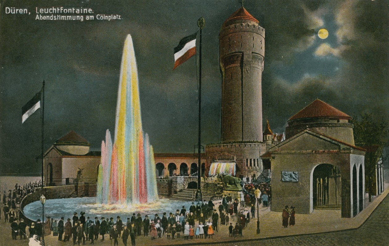 Düren, Leuchtfontaine, Abendstimmung am Colnplatz. Postkarte gesendet am 20. März 1913. von German Photographer