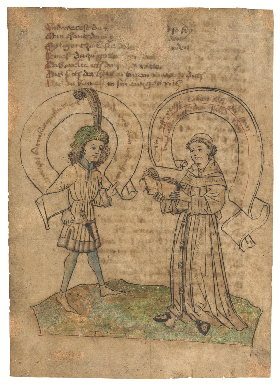 Ein Franziskaner und ein junger Mann, Illustration auf einem Blatt aus Das Spiegelbuch, in Mittelhochdeutsch, Ostschwaben, wahrscheinlich Augsburg, um 1470er von German School