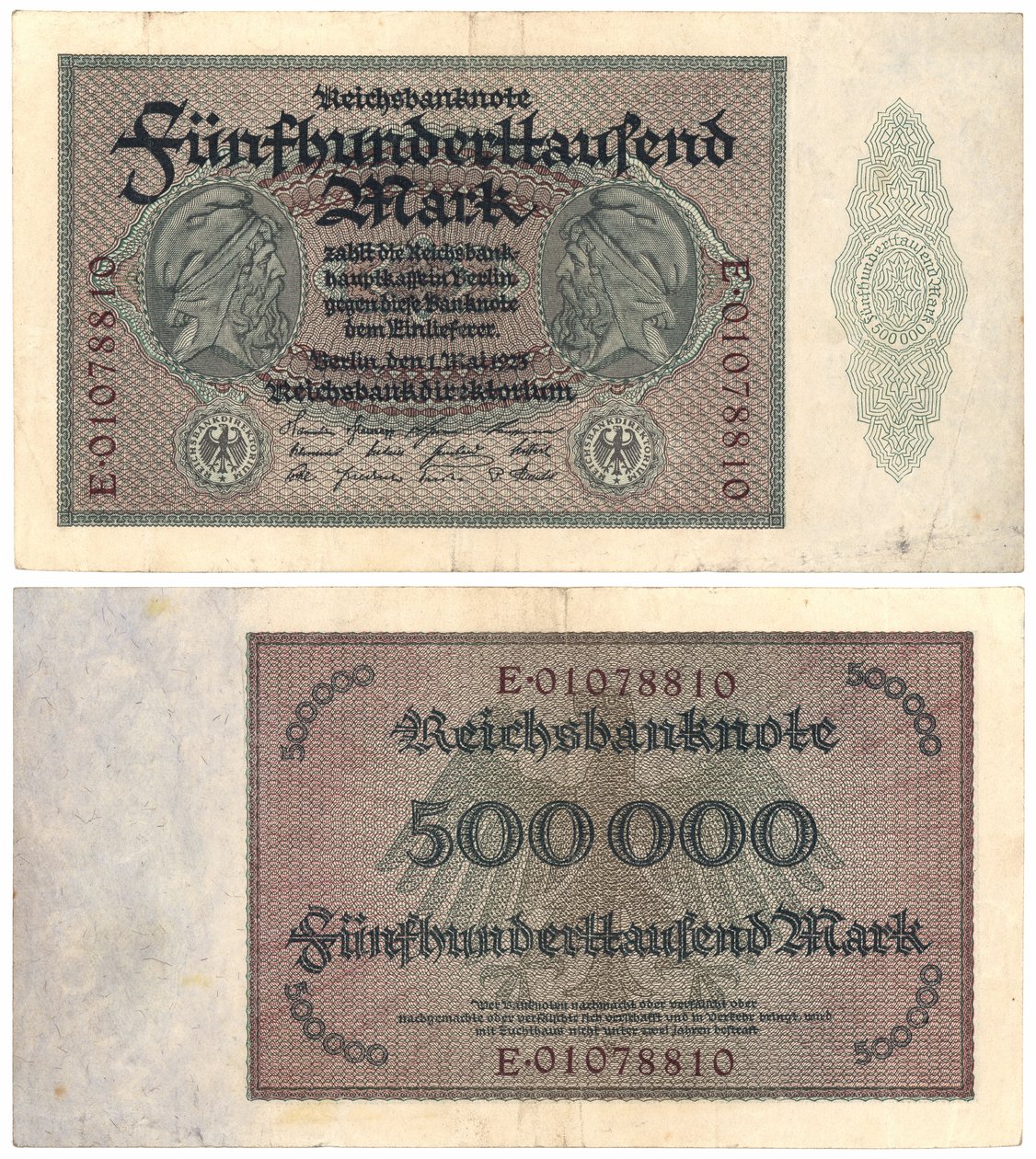 Eine Fünfhunderttausend-Mark-Banknote, 1923 (Vorder- und Rückseite) von German School