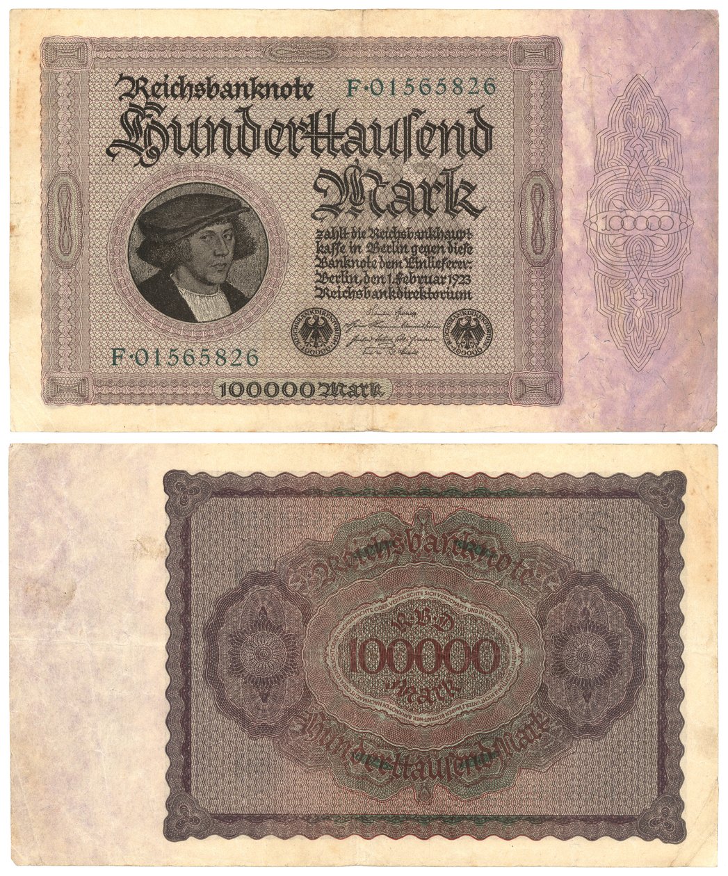 Eine Hunderttausend-Mark-Banknote, 1923 (Vorder- und Rückseite) von German School