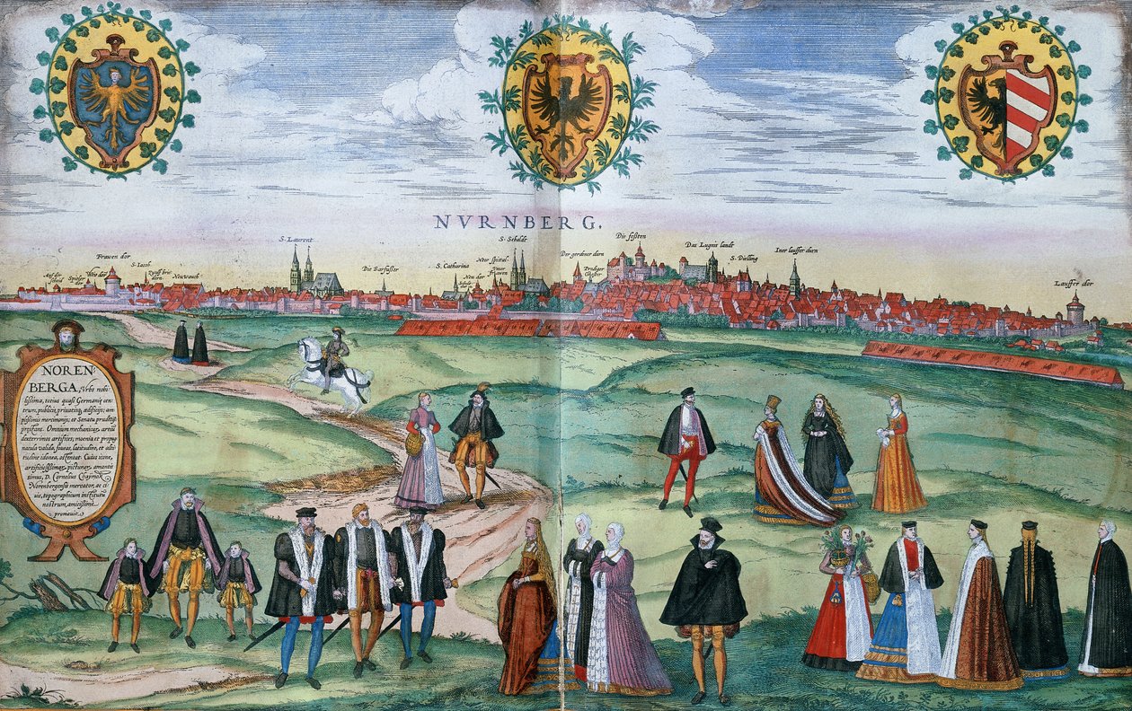 Ein Panoramablick auf Nürnberg, mit Figuren in lokaler Tracht im Vordergrund von German School