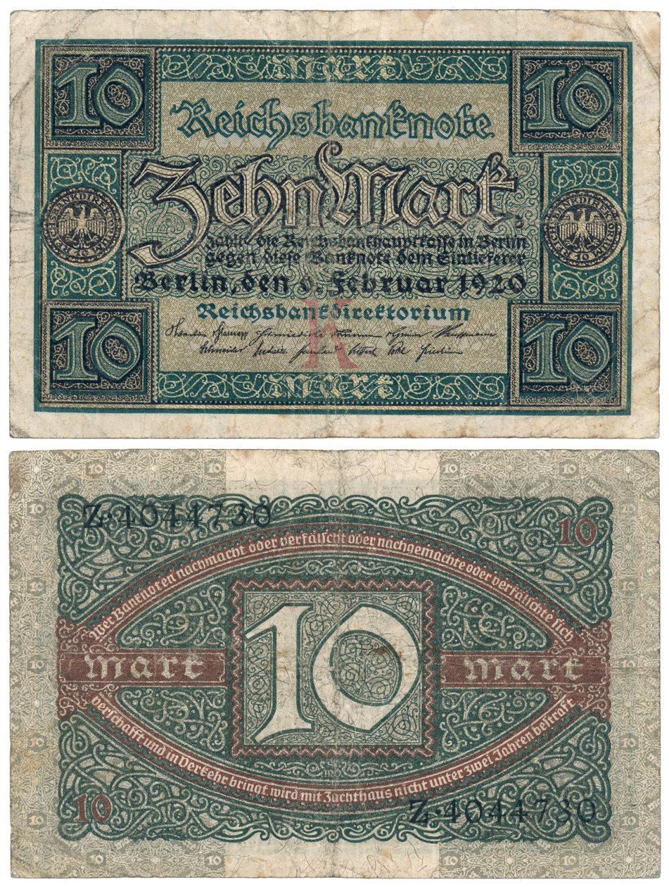 Eine Zehn-Mark-Banknote, 1920 (Vorder- und Rückseite) von German School
