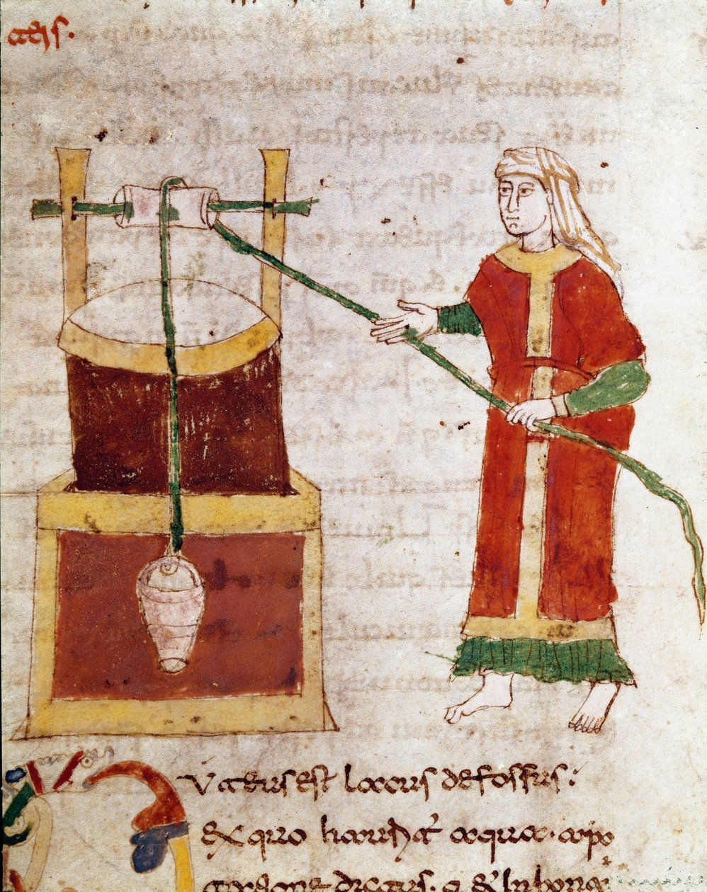 Eine Frau schöpft Wasser aus dem Brunnen. Miniatur aus dem Band „De puteis“ des Manuskripts „De Universo“ (oder De rerum naturis) von Rabanus Maurus Magnentius (ca. 780-856). 9. Jahrhundert von German School