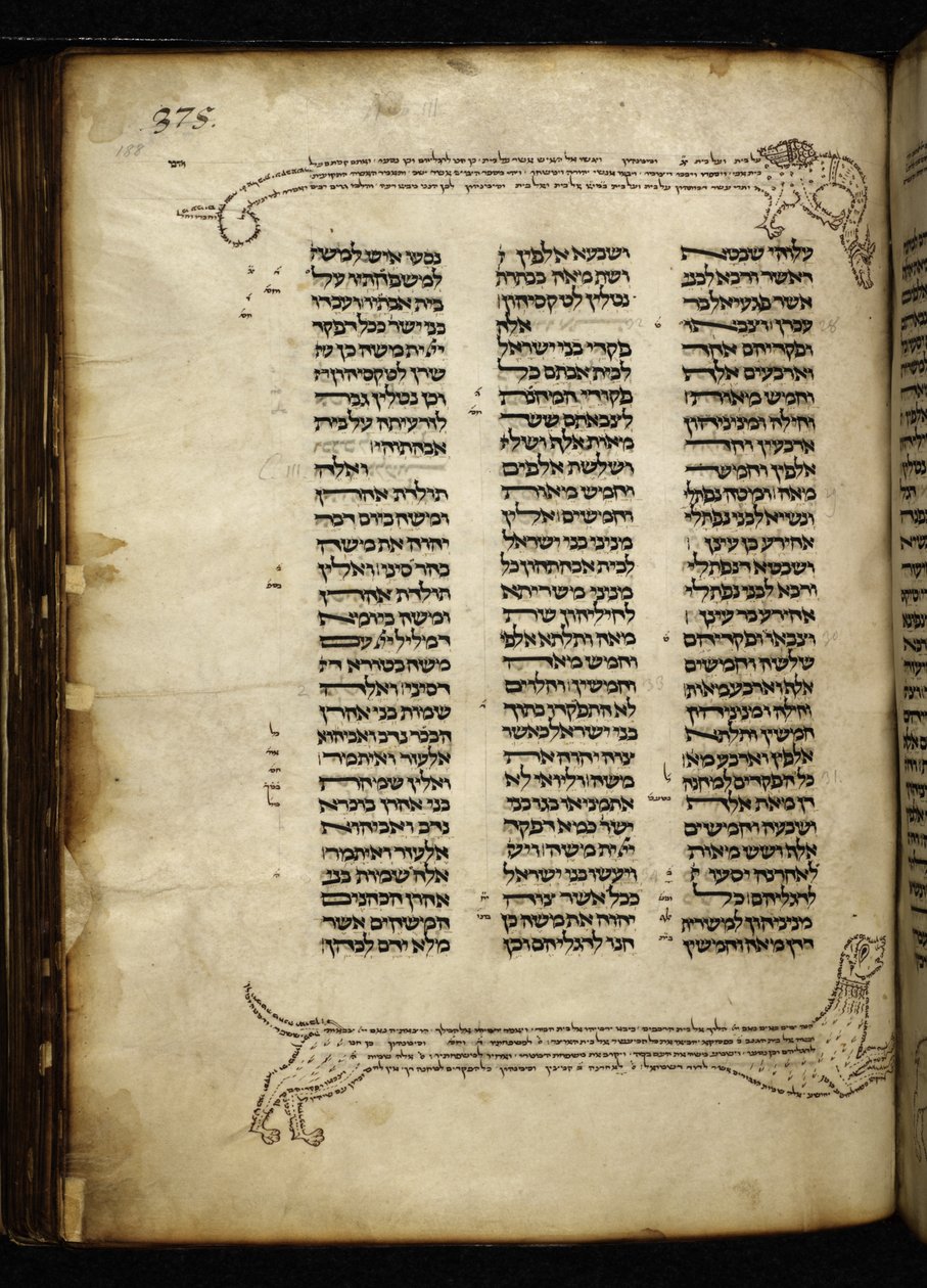 Add. 21160, f.188, Mikrografie von zwei Hunden, die ein Reh jagen, Baum mit Vögeln und einem Drachen, bei Numeri (Kap. 2-3) von German School