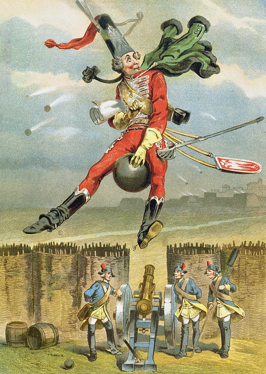 Baron Münchhausen fliegt über die feindlichen Linien auf einer Kanonenkugel, Illustration aus einer deutschen Ausgabe der Abenteuer des Baron Münchhausen von German School