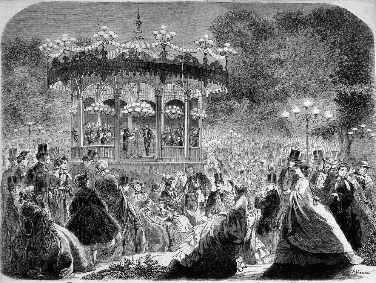 Konzert am Musikpavillon der Champs-Elysées, deutsche Gravur um 1861 von German School