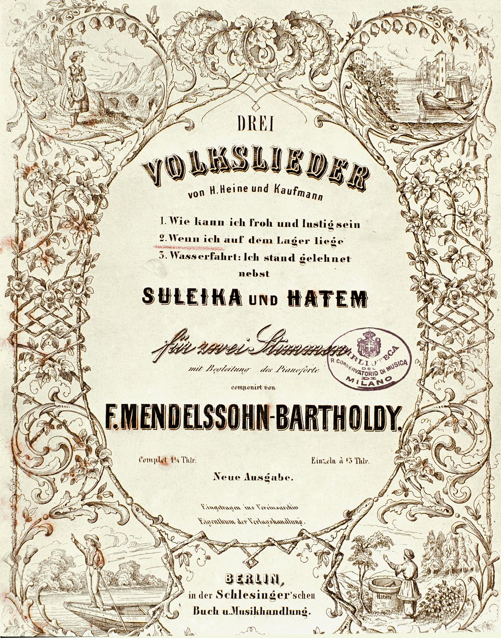 Titelblatt der Partitur für Drei Volkslieder von Felix Mendelssohn von German School