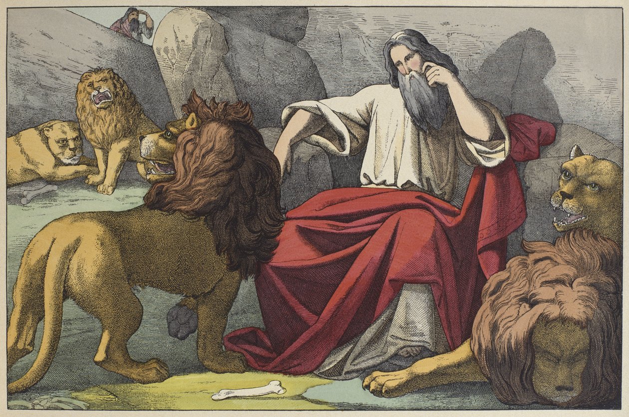 Daniel in der Löwengrube, Illustration aus dem Alten Testament, veröffentlicht von Jakob Ferdinand Schreiber, Esslingen (Farbstich) von German School