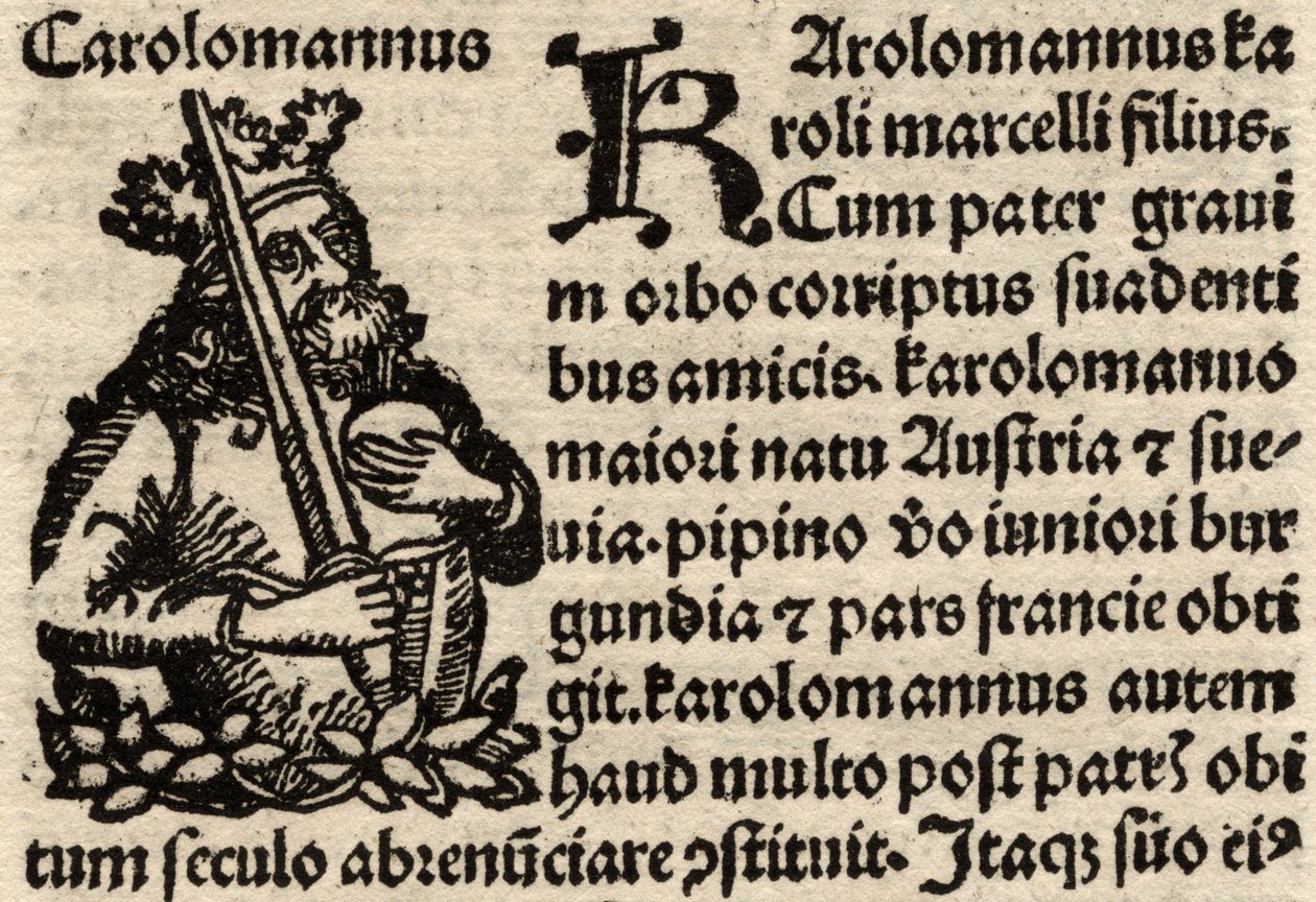 Detail eines originalen Inkunabelblatts, Darstellung von Karl dem Großen (742-814) vor 1500 (Detail) von German School