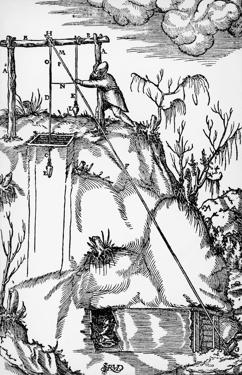 Gravur aus De re metallica (Über die Natur der Metalle), von Georg Pawer oder Georgius Agricola, veröffentlicht in Basel von German School