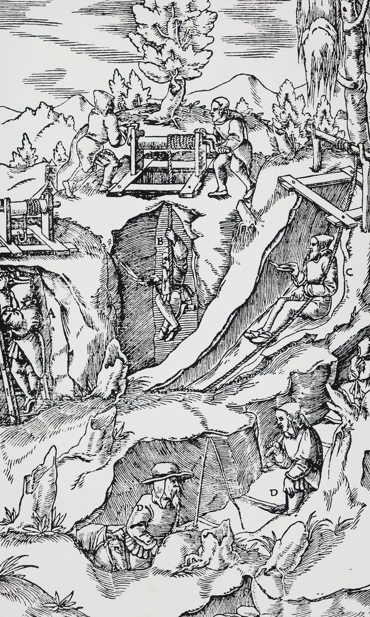 Gravur aus De re metallica (Über die Natur der Metalle) von Georg Pawer oder Georgius Agricola, veröffentlicht in Basel von German School