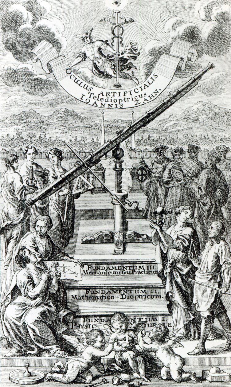 Frontispiz zu Oculus Artificialis Teledioptricus Sive Telescopium von Johann Zahn, 2. Ausgabe veröffentlicht 1702 von German School