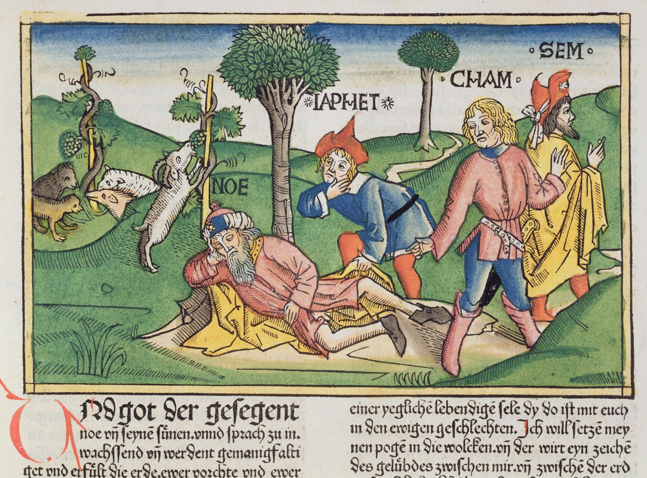 Genesis 9:20-27 Noah wird von seinen Söhnen Sem, Ham und Japhet mit einem Mantel bedeckt, aus der Nürnberger Bibel (Biblia Sacra Germanaica) von German School