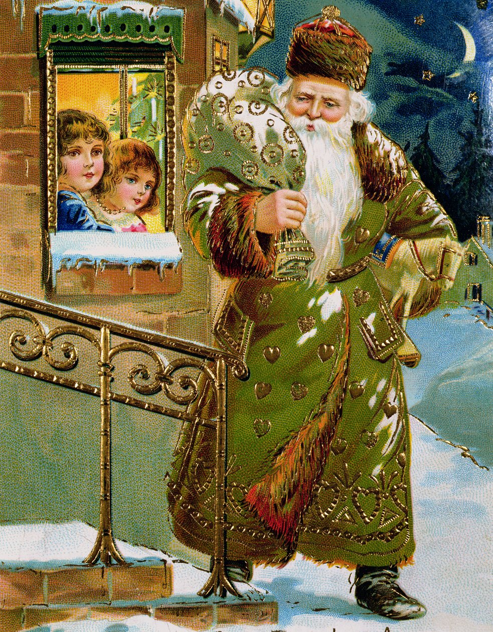 Grüngekleideter Weihnachtsmann, deutsche Karte, um 1900 von German School