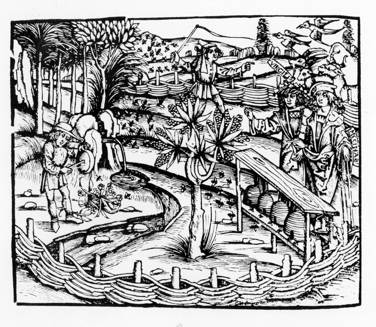 Glückliche Bauern, die Bienen pflegen, Illustration aus den Georgica von Virgil, Buch IV, aus der Ausgabe von Sebastian Brant (1457-1521), veröffentlicht 1502 von German School