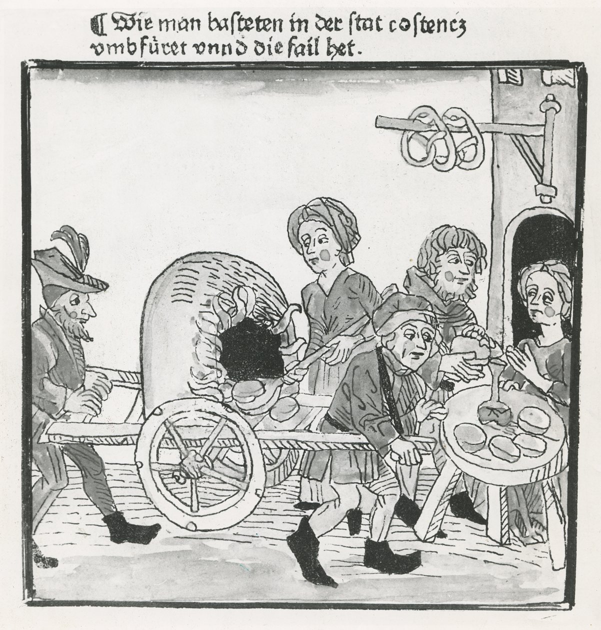Pfannkuchen- und Brezelverkäufer während des Konzils von Konstanz 1417, nach einem Inkunabeldruck, ca. 1485 von German School