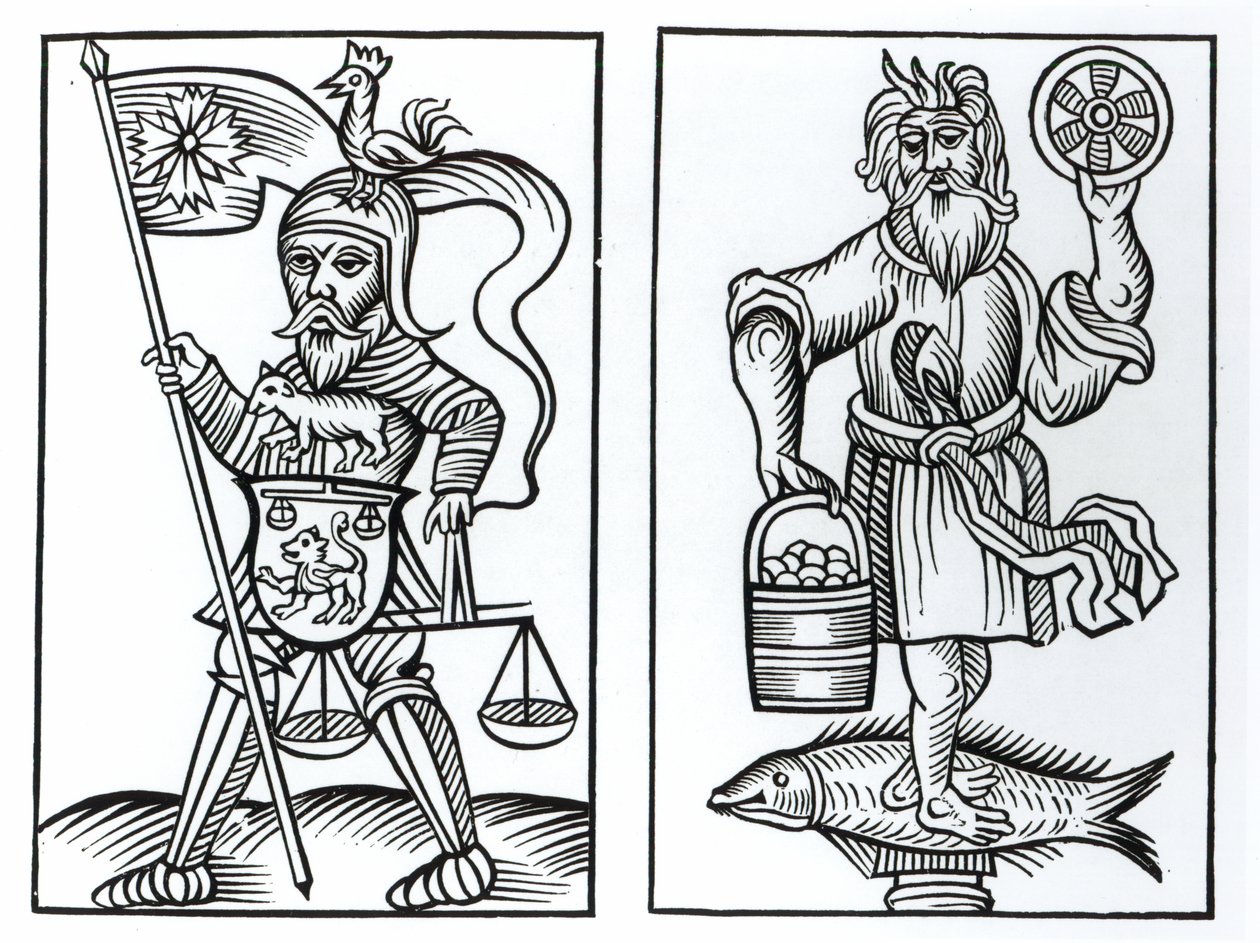Hermensul oder Irmensul (links) und Crodon (rechts) Idole der alten Sachsen, nach einem Holzschnitt in den Annales Circuli Westphaliae von Herman Stangefol, veröffentlicht 1656 von German School