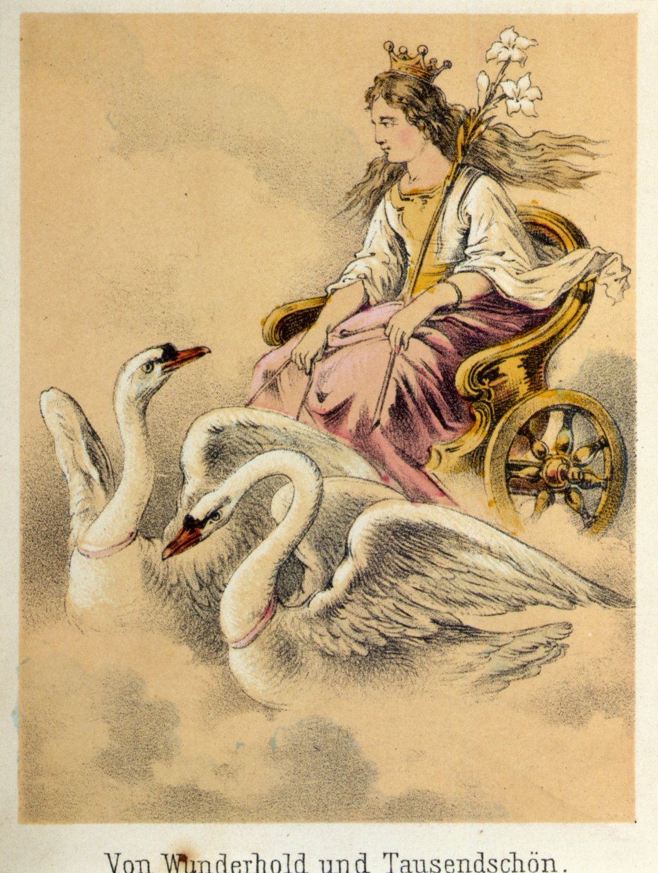 Illustration von Franz Hoffmanns Erzählungen „Märchen und Fabeln - Von Wunderhold und Tausendschön“: Ein Wagen, der eine Göttin trägt, gezogen von 2 Schwänen. Chromolithographie des 19. Jahrhunderts von German School