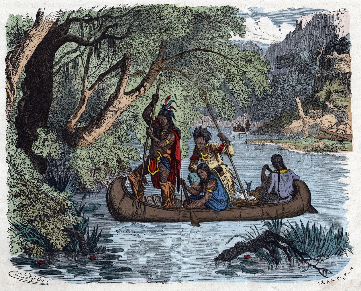 Indianer fischen an Bord eines Kanus auf einem Fluss in Amerika. In „Wenn Jemand eine Reise tut, so kann er was erzählen“, deutsche Erzählung von Franz Wiedemann von German School