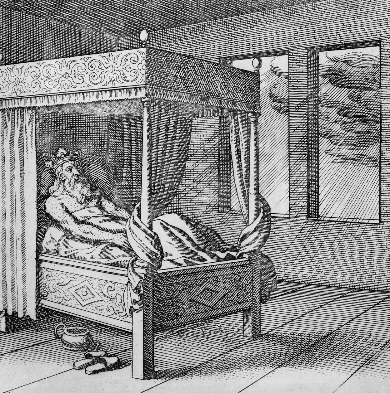 König beobachtet den Regen durch sein Fenster aus Musaeum Hermeticum von German School