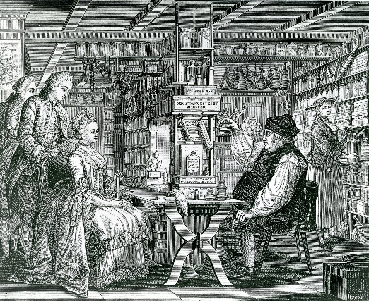 La Pharmacie Rustique, Druck von Bartolomaus Hubner (1727-1795), 1774 von German School