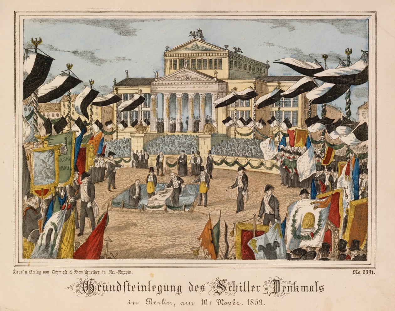 Grundsteinlegung des Schillerdenkmals am Gendarmenmarkt, Berlin, 10. November 1859, mit dem Schauspielhaus im Hintergrund, aus Neuruppiner Bilderbogen, veröffentlicht von Oehmigle & Ri von German School
