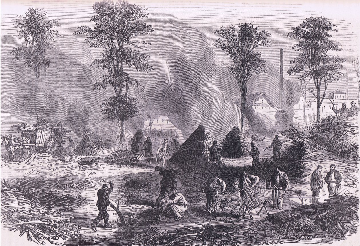 Holzkohleherstellung für Schießpulver, Cassells Geschichte des Krieges zwischen Frankreich und Deutschland, veröffentlicht von Cassell and Company Limited, ca. 1890 von German School