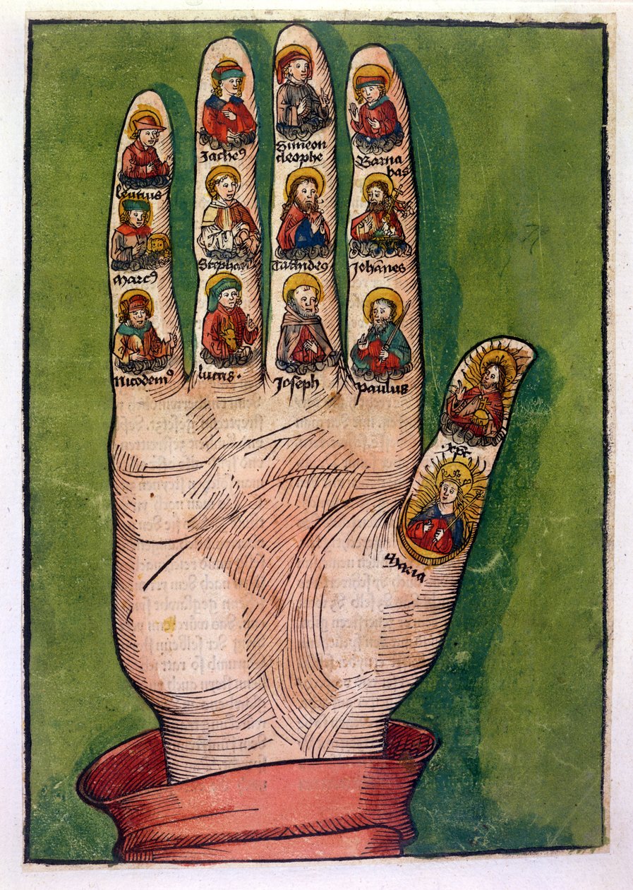 Mystische Hand der Birgitta von Schweden, die Christus, die Jungfrau Maria, Apostel und andere darstellt, 1491 von German School
