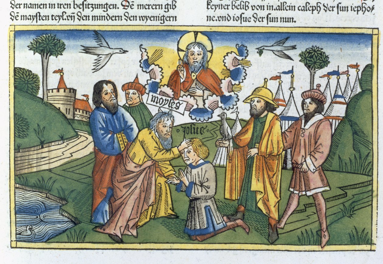 Numeri 27:18-23 Mose legt seine Hand auf Josua, aus der Nürnberger Bibel (Biblia Sacra Germanaica) von German School