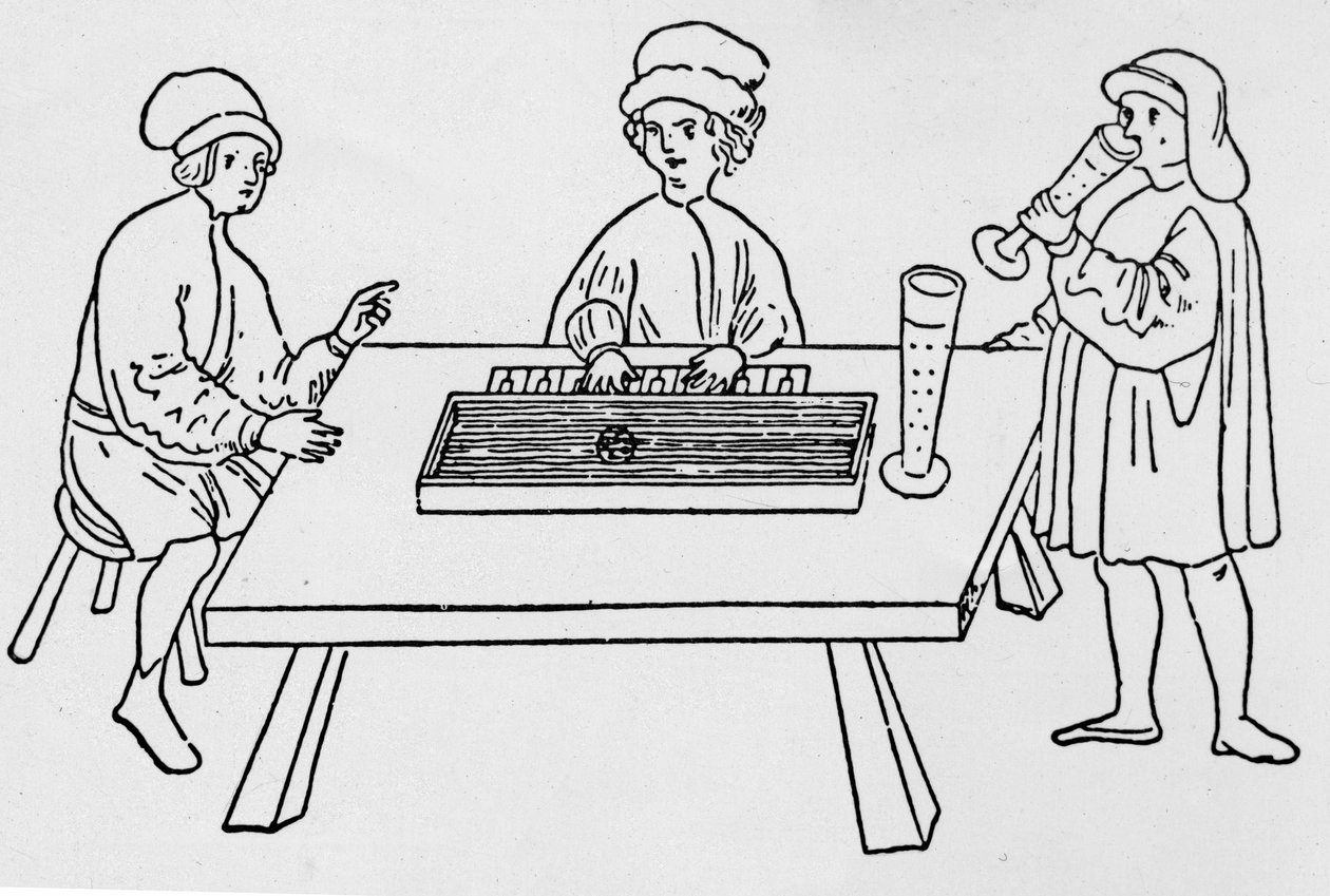 Eine der ersten Darstellungen eines Clavichords. Weimar, 15. Jahrhundert. von German School