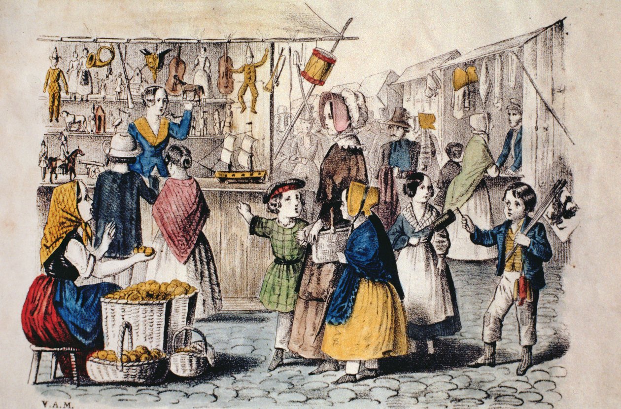 Freiluftmarkt in Deutschland, ca. 1860 (Farbstich) von German School