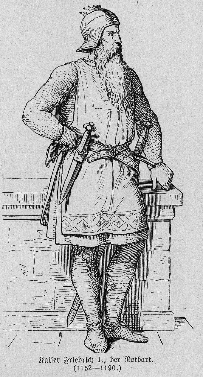 Porträt von Friedrich I. von Hohenstaufen, bekannt als Friedrich Barbarossa (1122-1190), deutscher Kaiser. Gravur in „Kaiser, König und Papst“ von Richard Roth von German School