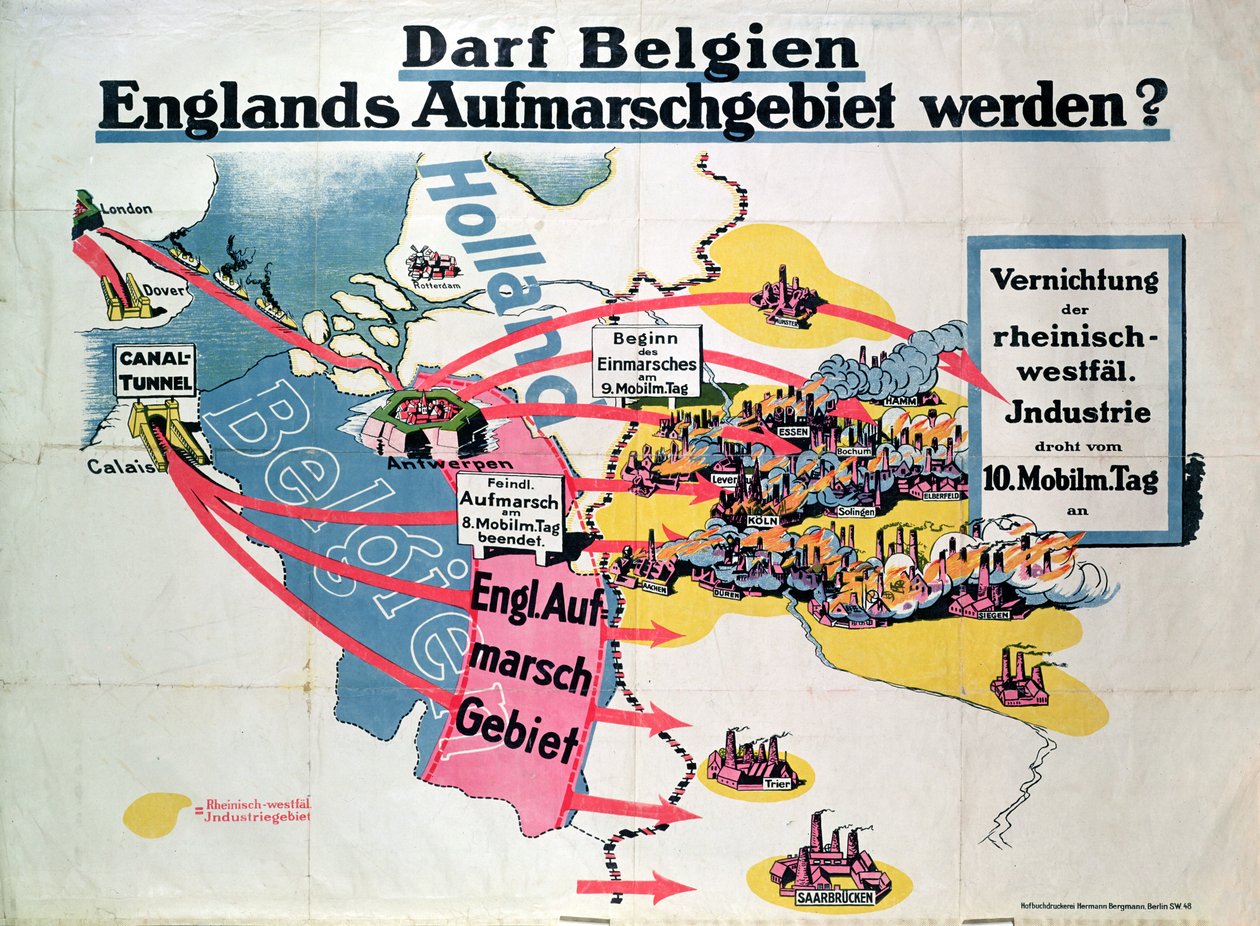 Plakat, das die deutsche Angst vor dem geplanten Bau eines Kanaltunnels zwischen Belgien und England ausdrückt, ca. 1914-18 von German School