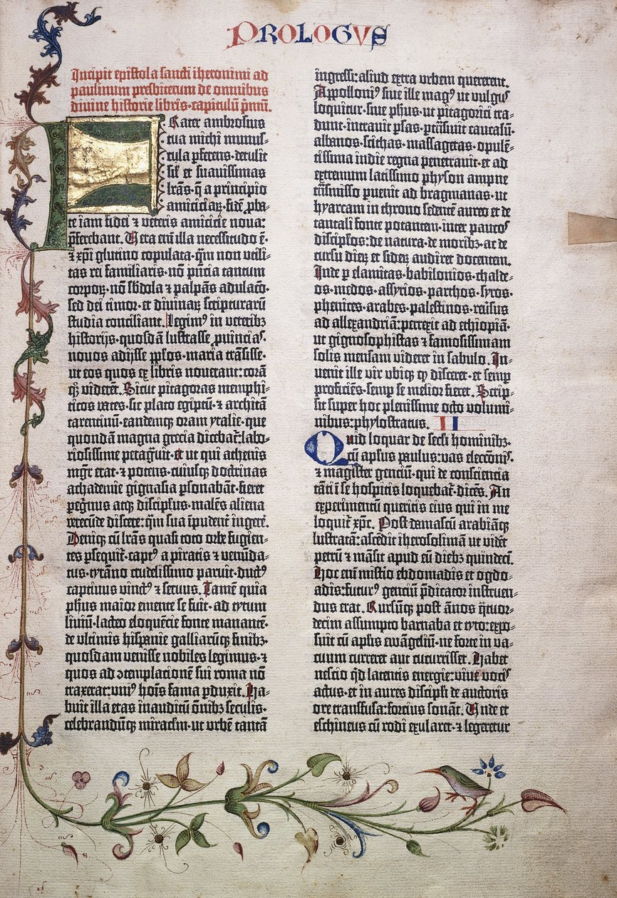 Prolog-Folio mit goldenen und grünen Buchstaben "F" und Rand aus Blättern, Blumen, Ranken und Vogel, 1455 von German School