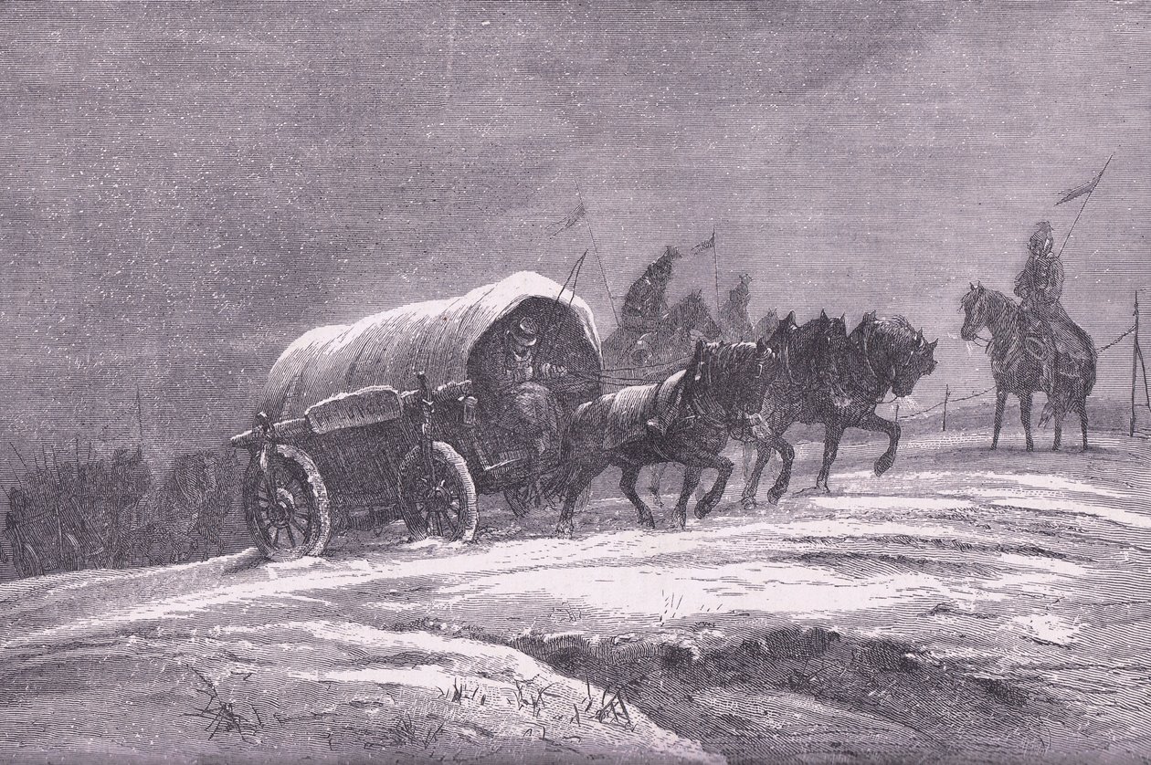 Preußische Feldpost im Schnee, Cassells Geschichte des Krieges zwischen Frankreich und Deutschland, veröffentlicht von Cassell and Company Limited, ca. 1890 von German School
