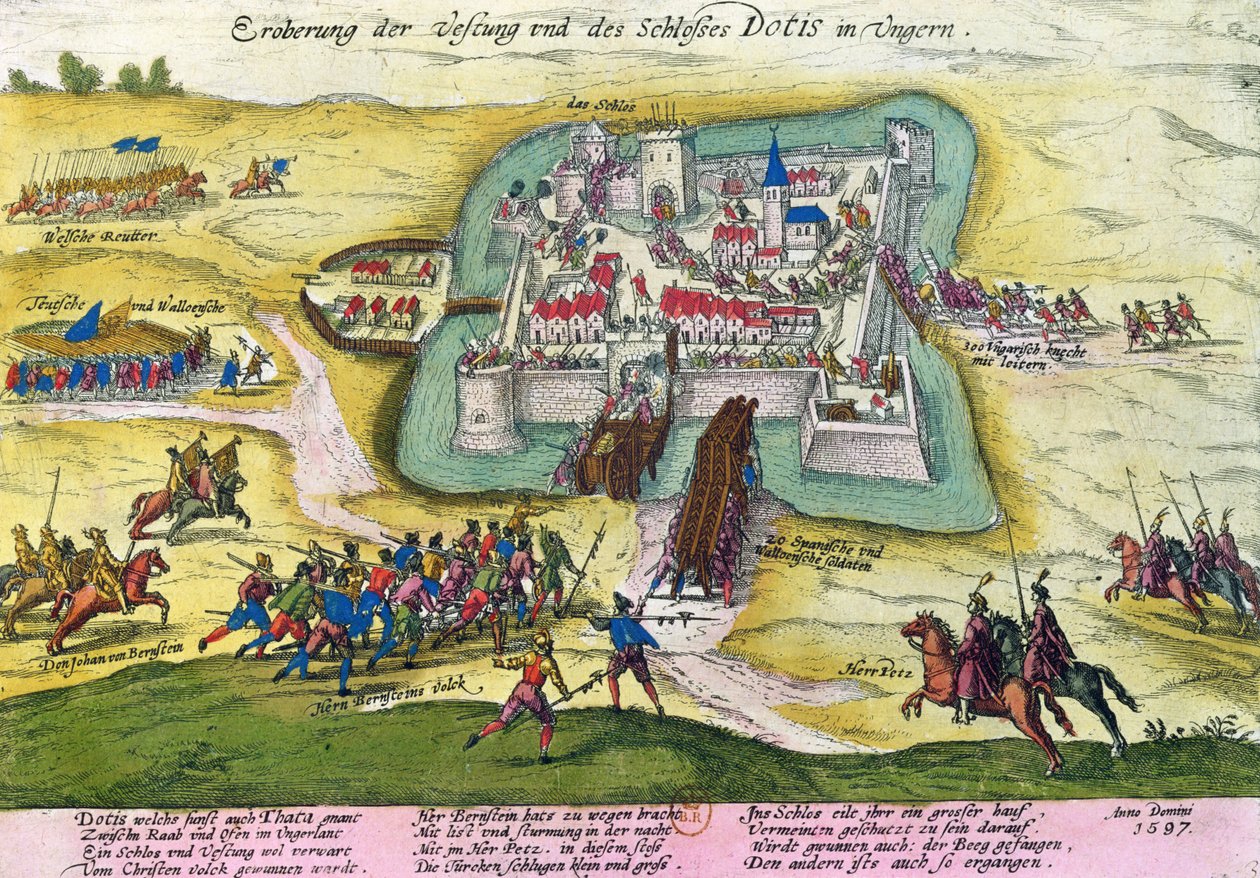 Belagerung der Burg von Tata im Jahr 1597 von German School