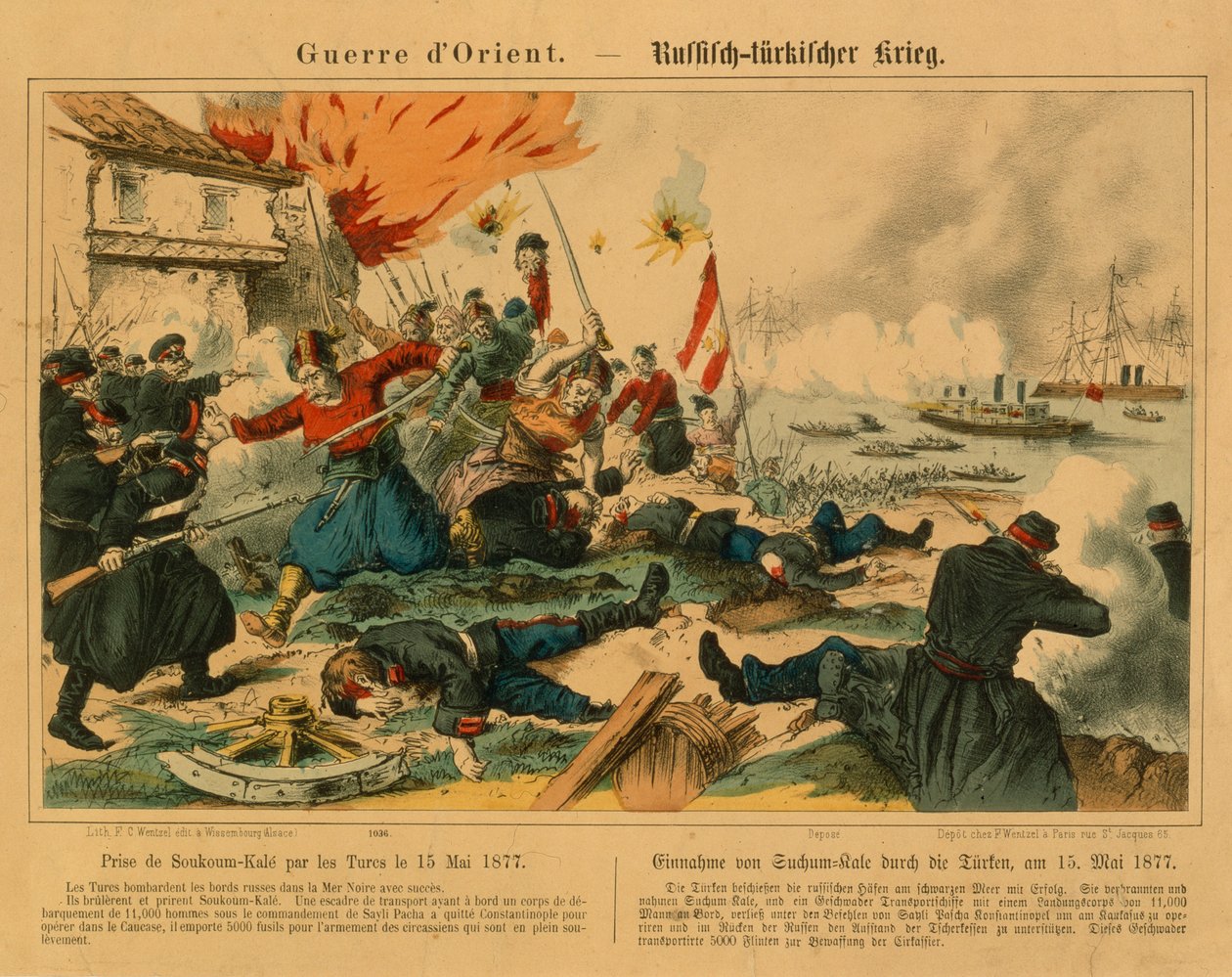 Einnahme von Suchum-Kale durch die Türken während des Russisch-Türkischen Krieges, 15. Mai 1877, veröffentlicht von F.C. Wentzel, Weissenburg, 1877 von German School