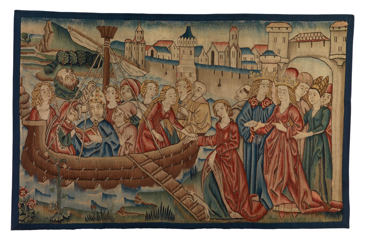Wandteppichpanel mit der Begegnung von St. Ursula und Prinz Artherius in Mainz, aus dem Mittelrheingebiet, Ende des 15. Jahrhunderts (Wolle & Metallfaden) von German School