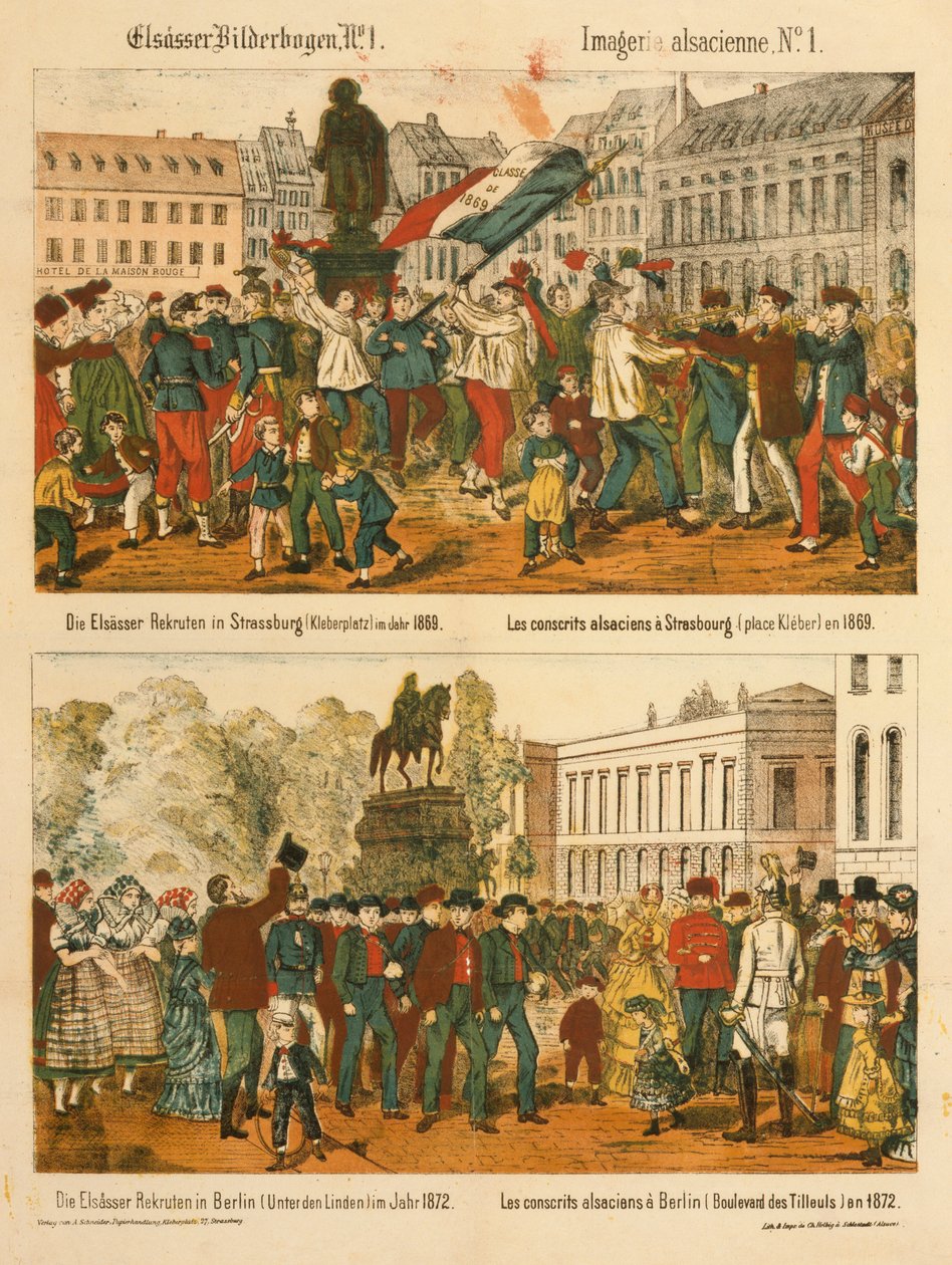Die Elsass-Rekruten in Straßburg (Kleberplatz) 1869 und in Berlin (Unter den Linden) 1872, aus Elsaesser Bilderbogen, veröffentlicht von A. Schneider, Straßburg, 1873 von German School