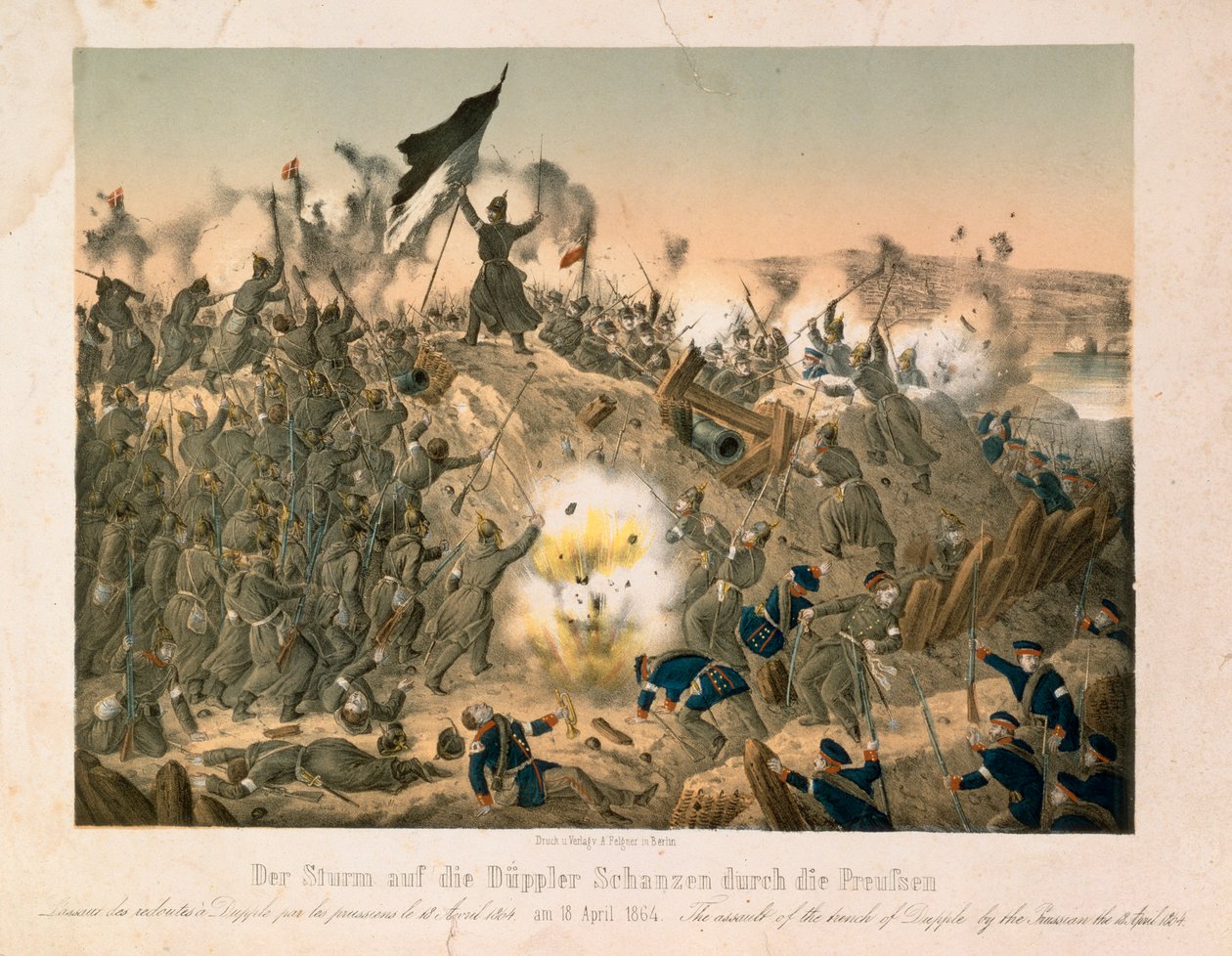 Die Schlacht von Dybboel im Zweiten Schleswig-Krieg, am 18. April 1864, veröffentlicht von Verlag A. Felgner, Berlin, 1864 von German School