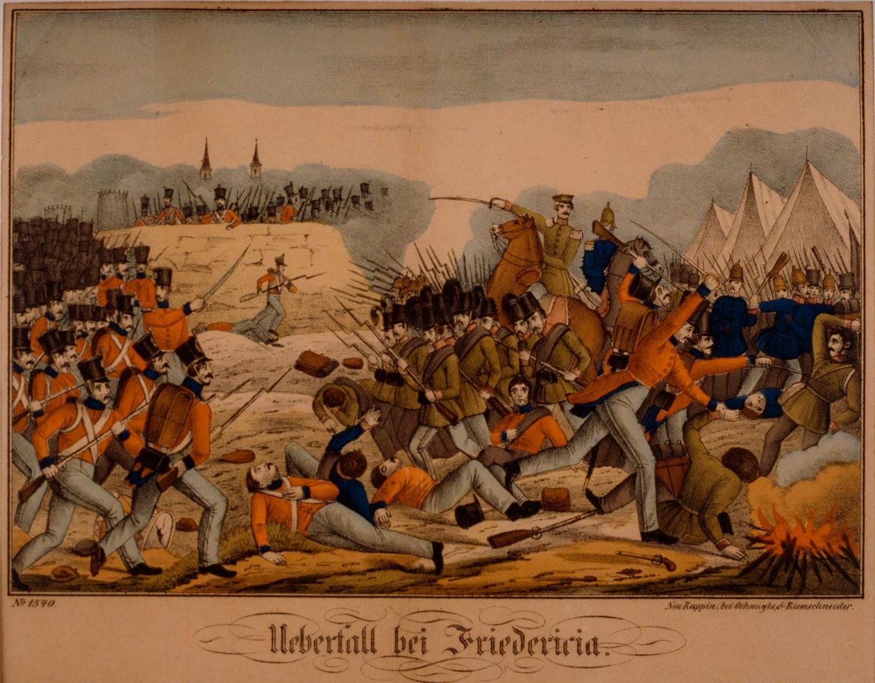 Die Schlacht von Fredericia während des Ersten Schleswig-Holsteinischen Krieges, 6. Juli 1849, Neuruppiner Bilderbogen, veröffentlicht von Oehmigke & Riemschneider, um 1850 von German School
